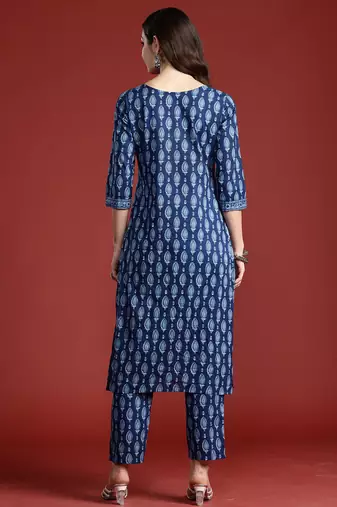 Blue printed pure cotton kurta trouser set