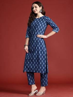 Blue printed pure cotton kurta trouser set 3