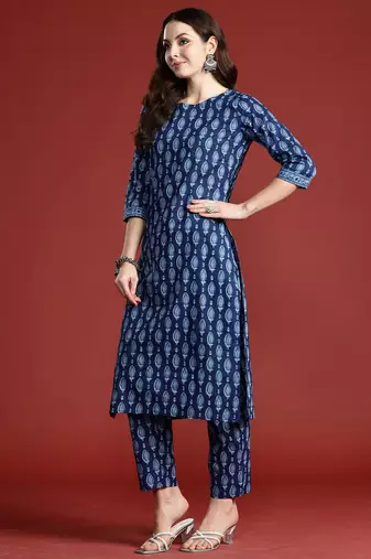 Blue printed pure cotton kurta trouser set