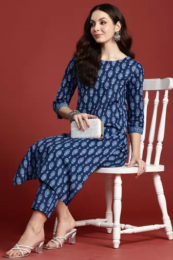 Blue printed pure cotton kurta trouser set