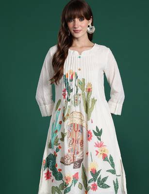 Off white printed pure cotton kurta trouser set 1