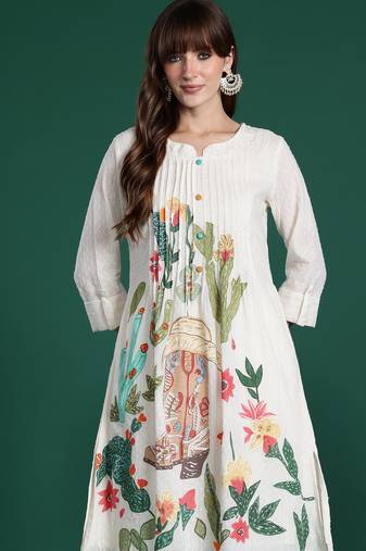 Off white printed pure cotton kurta trouser set