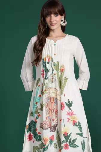 Off white printed pure cotton kurta trouser set