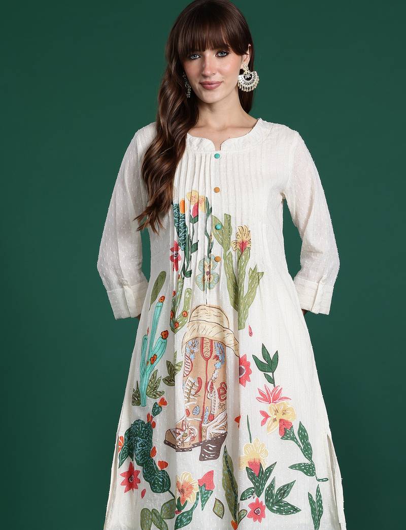 Off white printed pure cotton kurta trouser set