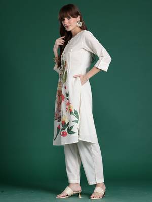 Off white printed pure cotton kurta trouser set 3