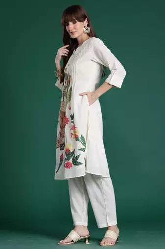 Off white printed pure cotton kurta trouser set