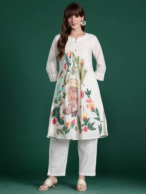 Off white printed pure cotton kurta trouser set 4