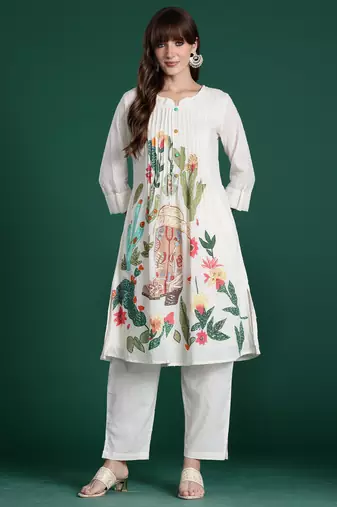 Off white printed pure cotton kurta trouser set
