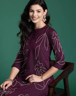 Burgundy embroidered pure cotton kurta trouser set 1