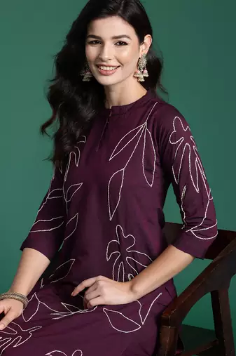 Burgundy embroidered pure cotton kurta trouser set