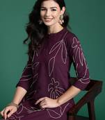 Burgundy embroidered pure cotton kurta trouser set