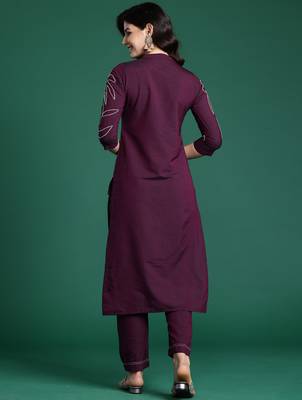 Burgundy embroidered pure cotton kurta trouser set 2