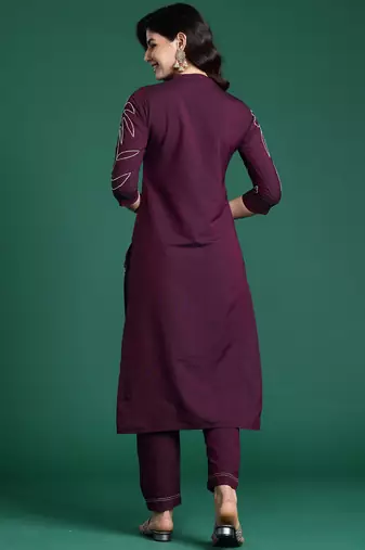 Burgundy embroidered pure cotton kurta trouser set