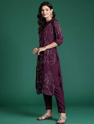 Burgundy embroidered pure cotton kurta trouser set 3