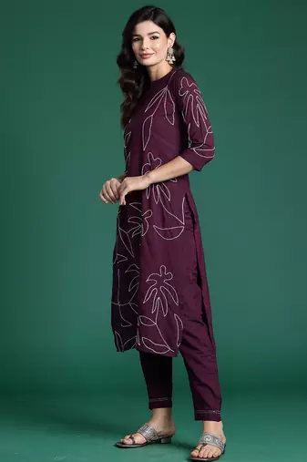 Burgundy embroidered pure cotton kurta trouser set