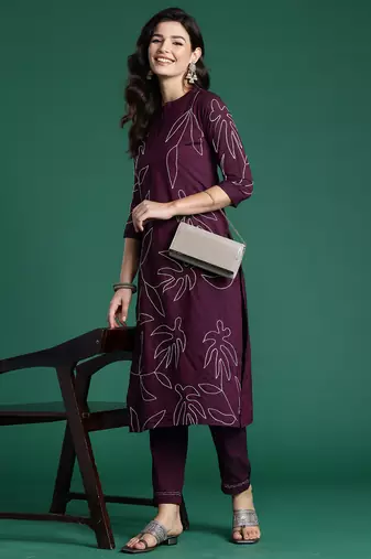 Burgundy embroidered pure cotton kurta trouser set