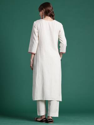 Off white embroidered pure cotton kurta trouser set 2