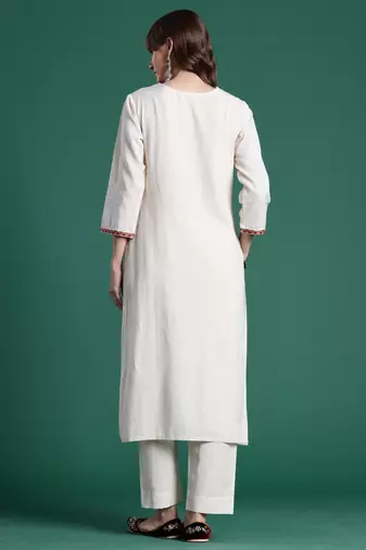 Off white embroidered pure cotton kurta trouser set