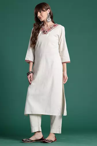 Off white embroidered pure cotton kurta trouser set