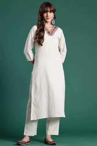Off white embroidered pure cotton kurta trouser set