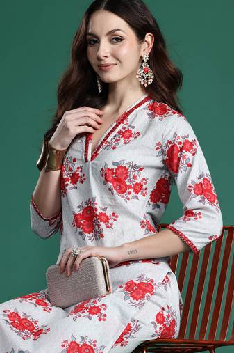 Grey printed pure cotton kurta trouser set