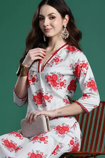 Grey printed pure cotton kurta trouser set