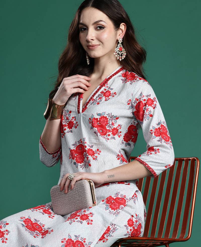 Grey printed pure cotton kurta trouser set