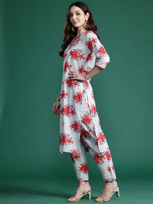 Grey printed pure cotton kurta trouser set 3