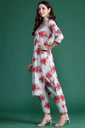 Grey printed pure cotton kurta trouser set