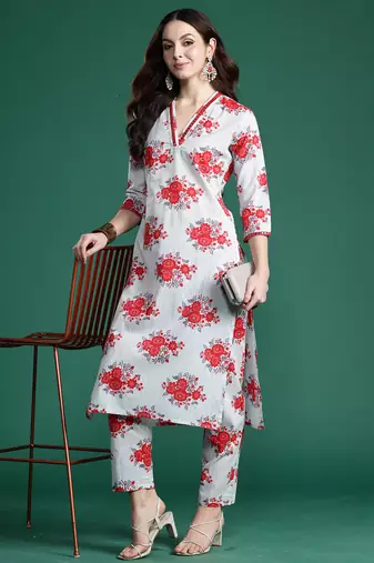 Grey printed pure cotton kurta trouser set