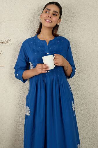 Blue embroidered pure cotton kurta trouser set