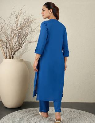 Blue embroidered pure cotton kurta trouser set 2
