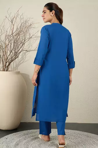 Blue embroidered pure cotton kurta trouser set