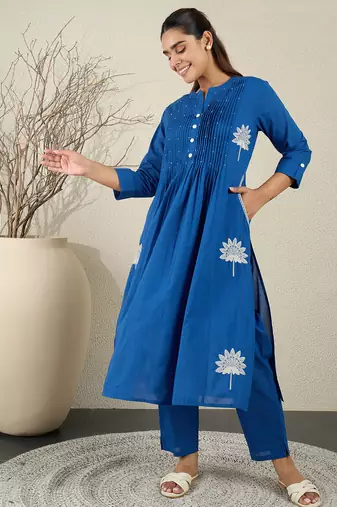 Blue embroidered pure cotton kurta trouser set