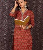 Red printed pure cotton kurta trouser set