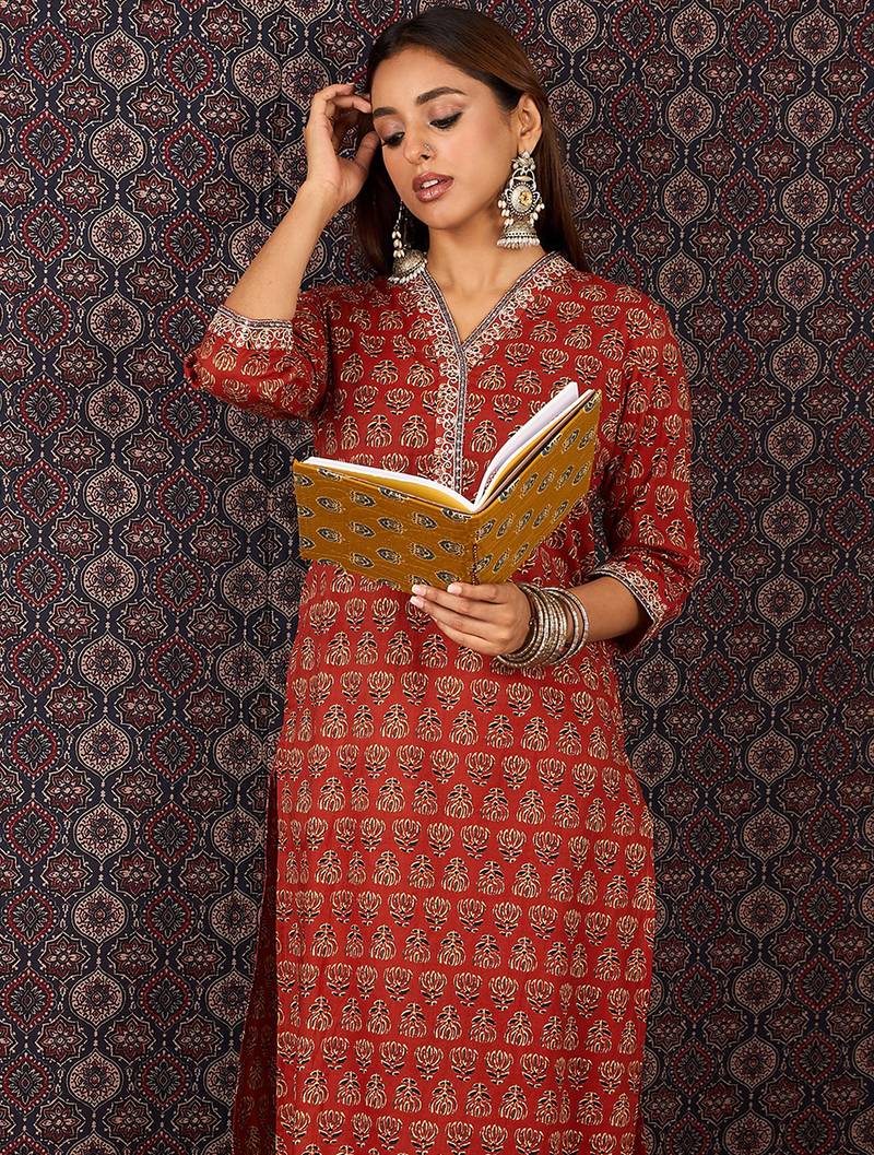 Red printed pure cotton kurta trouser set