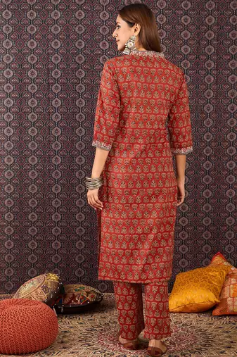 Red printed pure cotton kurta trouser set