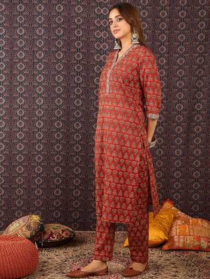 Red printed pure cotton kurta trouser set 3