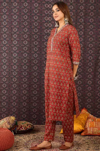 Red printed pure cotton kurta trouser set