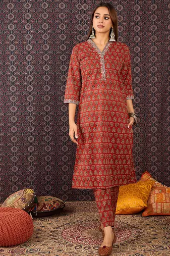 Red printed pure cotton kurta trouser set