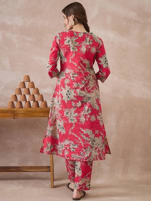Red printed pure cotton kurta trouser set 2