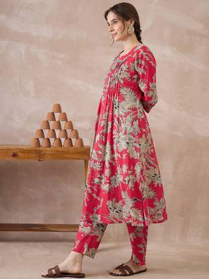 Red printed pure cotton kurta trouser set 3
