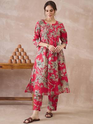 Red printed pure cotton kurta trouser set 4