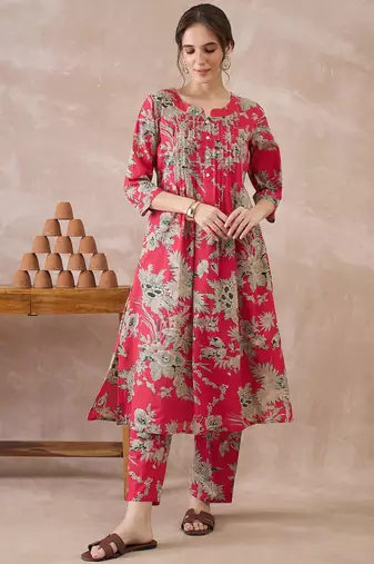 Red printed pure cotton kurta trouser set