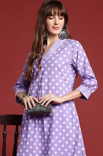 Lavender printed pure cotton kurta trouser set