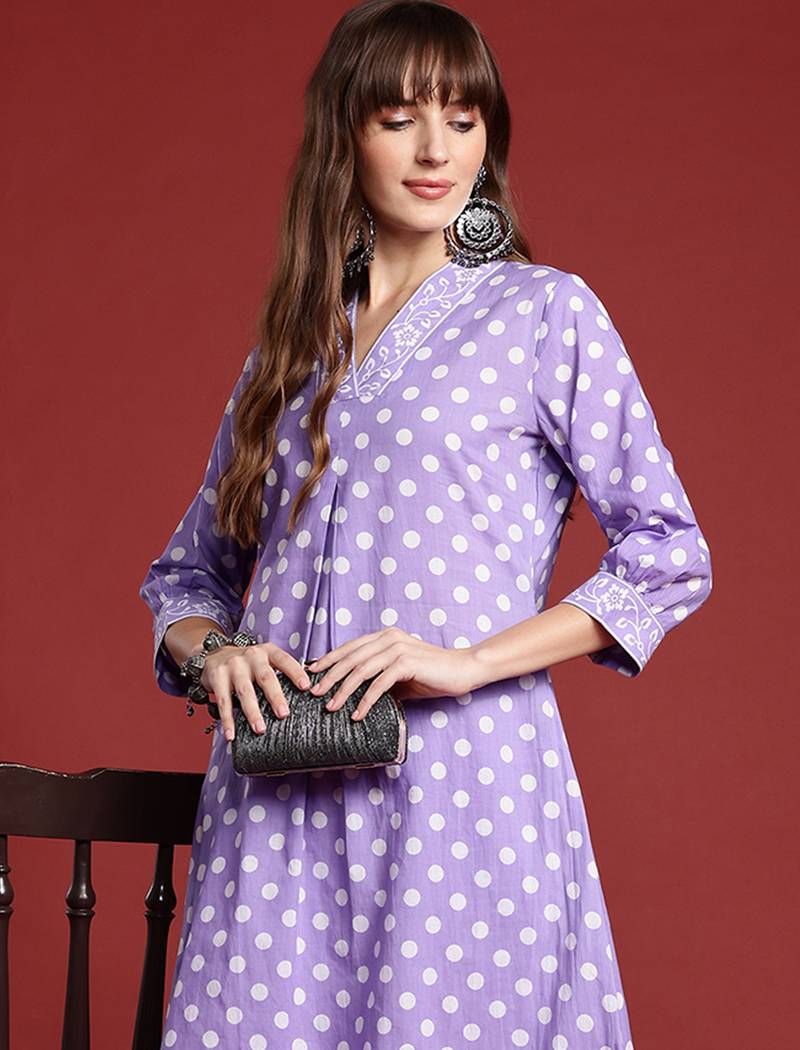 Lavender printed pure cotton kurta trouser set