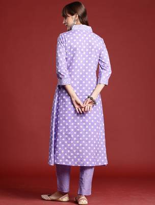 Lavender printed pure cotton kurta trouser set 2