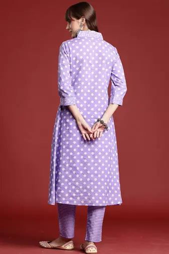 Lavender printed pure cotton kurta trouser set