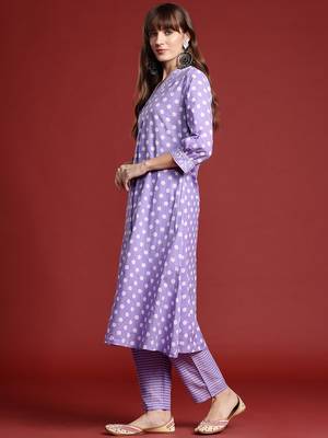 Lavender printed pure cotton kurta trouser set 3