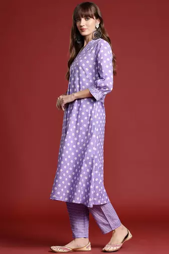 Lavender printed pure cotton kurta trouser set
